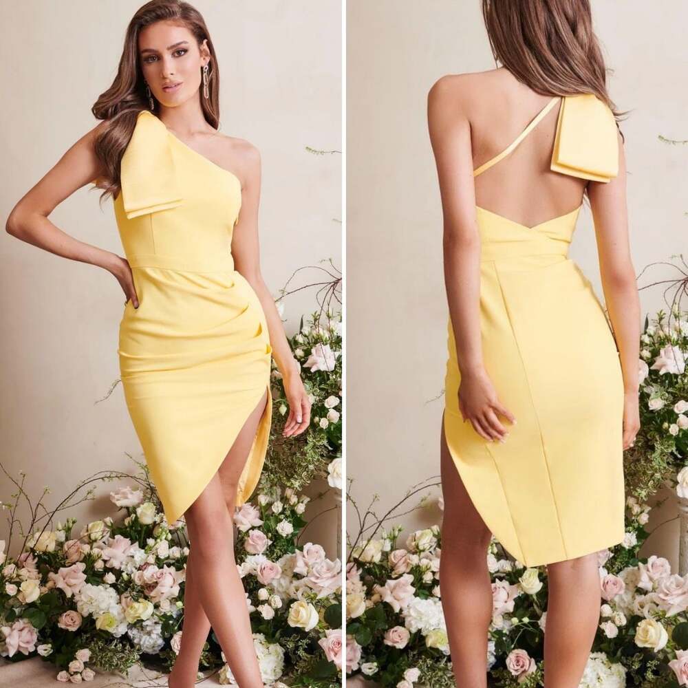 Lavish Alice Lillian Bow One Shoulder Satin Mini Dress Yellow Plus Size 22 NWT